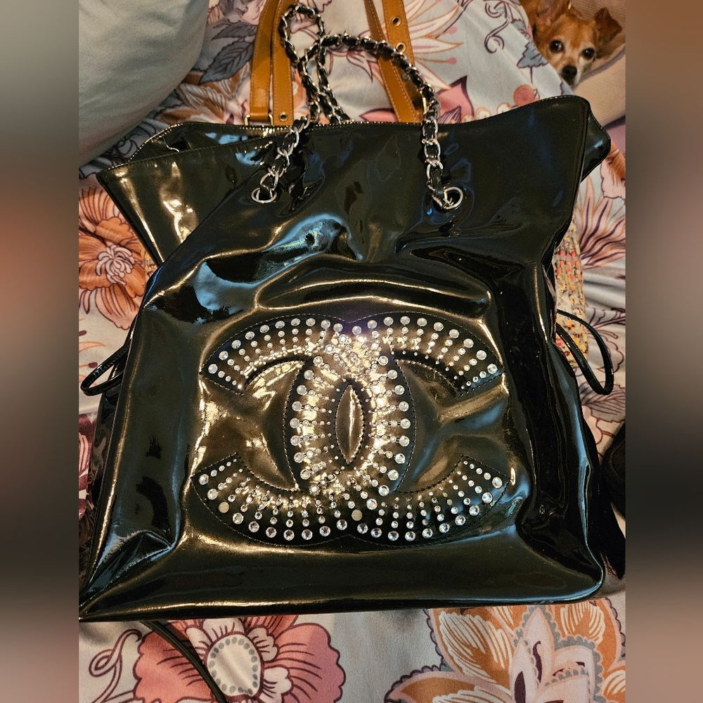 Chanel Crystal CC Black patent leather bon bon tote bag